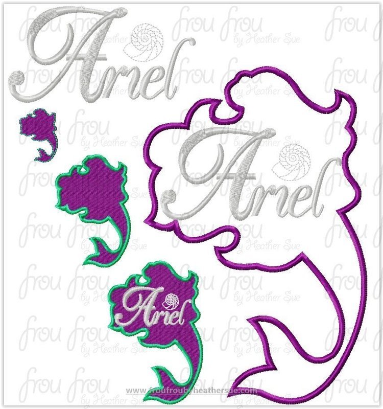 Ariah Mermaid Princess Full Body Silhouette and Name TWO Design SET Machine Applique Embroidery Design, Multiple sizes 1.5&quot;-16&quot;