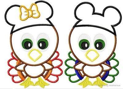 Thanksgiving Turkey with Mister and Miss Mouse ears SET machine applique embroidery design, multiple sizes, including 4 inch