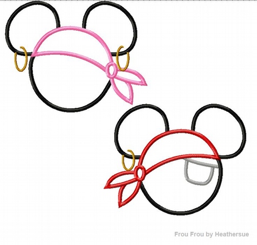Mister and Miss Mouse Bandana Pirate SET TWO Machine Applique Embroidery Designs, multiple sizes including 4 inch