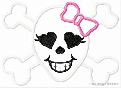 Grinning Skull with Bow Pirate Machine Applique Embroidery Design, multiple sizes including 4 inch
