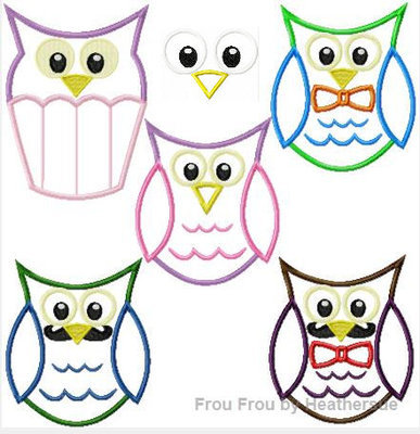 Owl SIX Design SET Machine Applique Embroidery Design, multiple sizes, including 4 inch