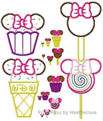 Miss Mouse Desserts FOUR design SET Cupcake, Ice Cream Cone, Lollipop, and Ice Cream Bar Machine Applique Embroidery Design, Multiple sizes including half, 1, 2, 3, 4, 7, and 10 inch