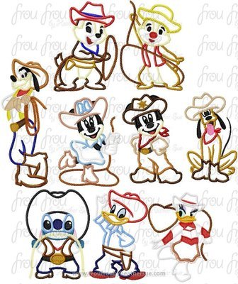 Cowboy Mister Mouse and Friends Cowgirl Full Body NINE Design SET Machine Applique Embroidery Design, Multiple Sizes- 4"-16"