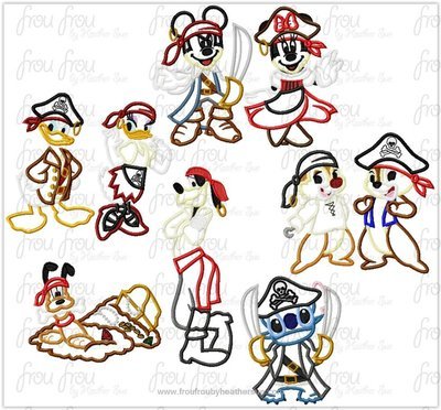 Pirate Mister Mouse and friends Full Body NINE Design SET Machine Applique Embroidery Design, multiple sizes including 4