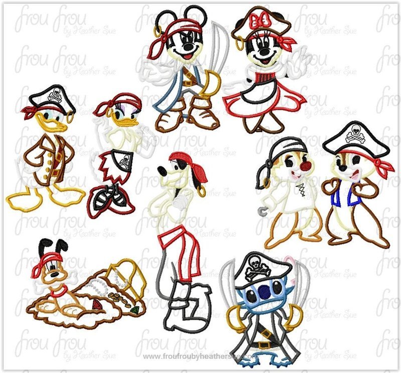 Pirate Mister Mouse and friends Full Body NINE Design SET Machine Applique Embroidery Design, multiple sizes including 4"-16"