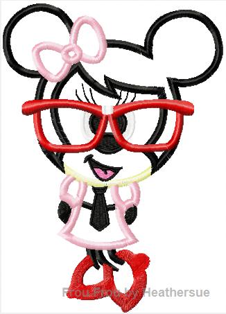 Nerd Miss Mouse Cutie  Applique Machine Embroidery Design, Multiple Sizes