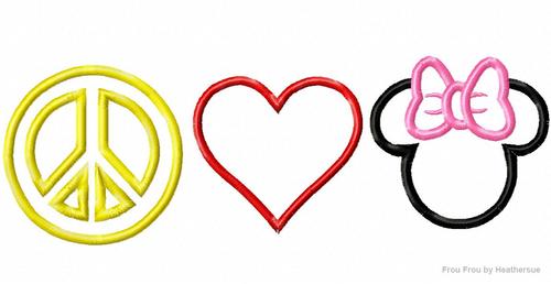Peace, Love, and Miss Mouse  Machine Applique Embroidery Design, multiple sizes including 4 inch