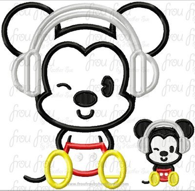 Mister Mouse Cutie Wearing Headphones Full Body Machine Applique Embroidery Design, Multiple Sizes, including 2