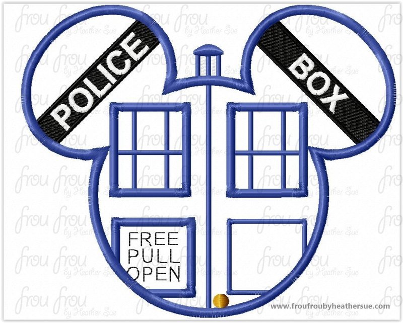 Tardy Police Box Doctor Mister Mouse Head Machine Applique Embroidery Designs, multiple sizes including 3&quot;-16&quot;