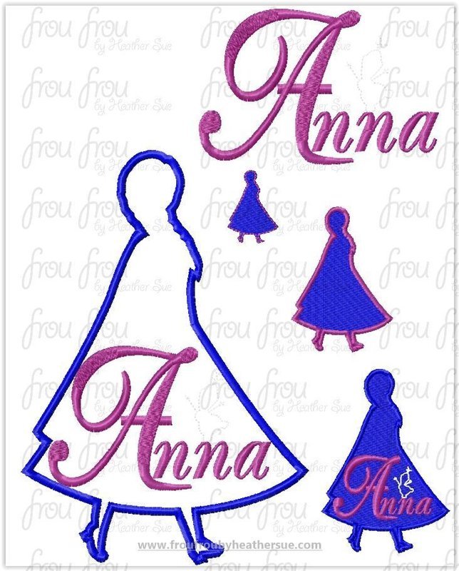 Annie Freezing Princess Full Body Silhouette and Name TWO Design SET Machine Applique Embroidery Design, Multiple sizes 1.5"-16"