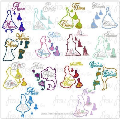 Princesses Full Body Silhouette and Name TWENTY-EIGHT Design SET Machine Applique Embroidery Design, Multiple sizes 1.5"-16"