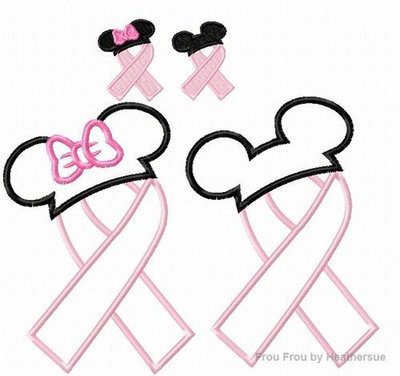 TWO Awareness Ribbon with Mister and Miss Mouse Ears SET Applique and filled Embroidery Designs, mutltiple sizes including half inch, 1, 1.5, 2, 4, 7, and 10 inch
