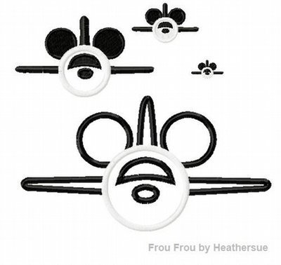 Airplane Mister Mouse Head Machine Applique and Filled Embroidery Design, multiple sizes, including 1, 2, 4, 7, and 10 inch