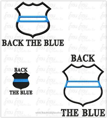Back the Blue Police Badge With Thin Blue Line TWO VERSIONS Machine Applique and filled Embroidery Design, Multiple Sizes, including 3