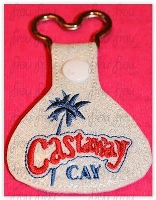 Cast Away Cay Dis Cruise Line Island Wording Key Fob, short and long tab, velcro or snaps, THREE SIZES in the hoop Machine Applique Embroidery Design- 4", 7", and 10"