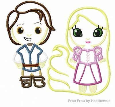 Finn and Punzel SET from Tangld Little Cutie Prince and Princess Machine Applique Embroidery Design, multiple sizes, including 4 inch