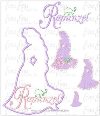 Punzel Princess Full Body Silhouette and Name TWO Design SET Machine Applique Embroidery Design, Multiple sizes 1.5