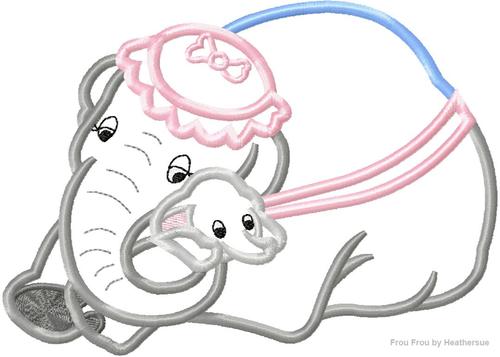 Baby Flying Elephant and His Mother Machine Applique Embroidery Design, Multiple sizes including 4 inch