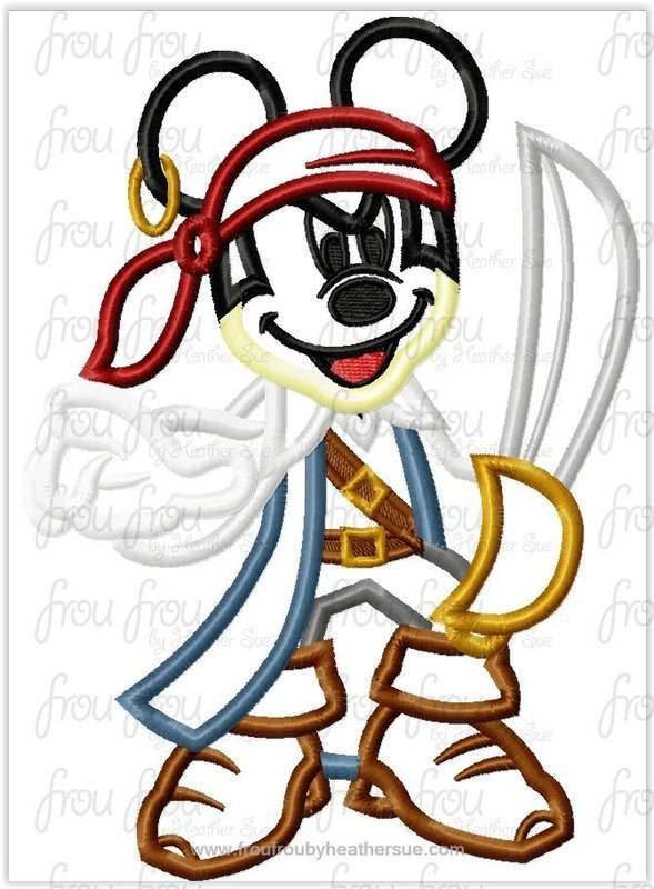 Pirate Mister Mouse Full Body Machine Applique Embroidery Design, multiple sizes including 4"-16"