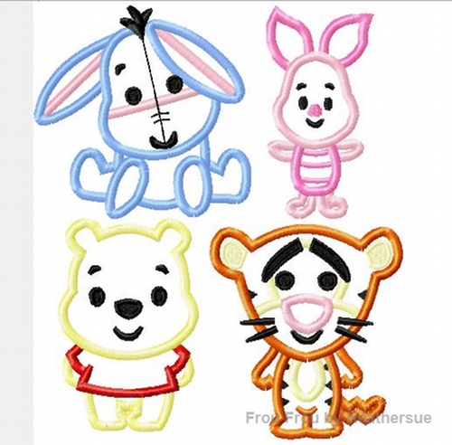 Tiger, P0oh Bear, Pig, Donkey Cuties Set of FOUR Applique, Digital Embroidery Machine Designs- Multiple Sizes, including 4 inch