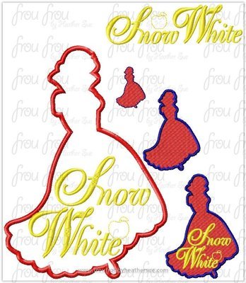 Snowy White Princess Full Body Silhouette and Name Two Design SET Machine Applique Embroidery Design, Multiple sizes 1.5