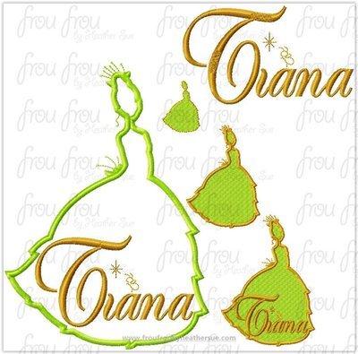 Tina Frog Princess Full Body Silhouette and Name TWO Design SET Machine Applique Embroidery Design, Multiple sizes 1.5