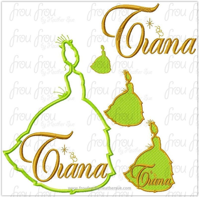 Tina Frog Princess Full Body Silhouette and Name TWO Design SET Machine Applique Embroidery Design, Multiple sizes 1.5&quot;-16&quot;