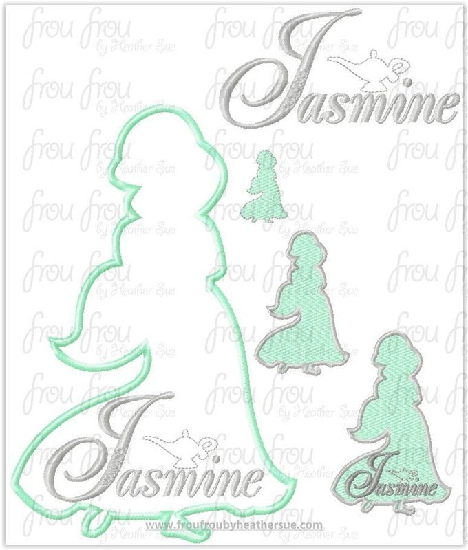 Jaz Princess Full Body Silhouette and Name TWO Design SET Machine Applique Embroidery Design, Multiple sizes 1.5&quot;-16&quot;