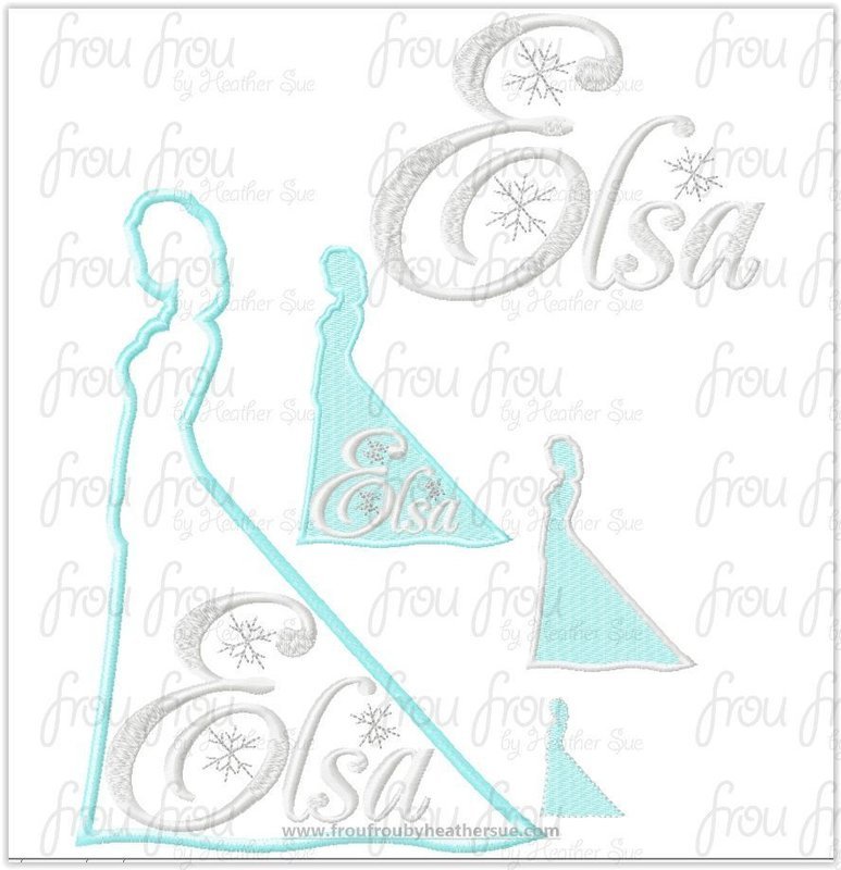 Ellie Freezing Princess Full Body Silhouette and Name TWO Design SET Machine Applique Embroidery Design, Multiple sizes 1.5"-16"