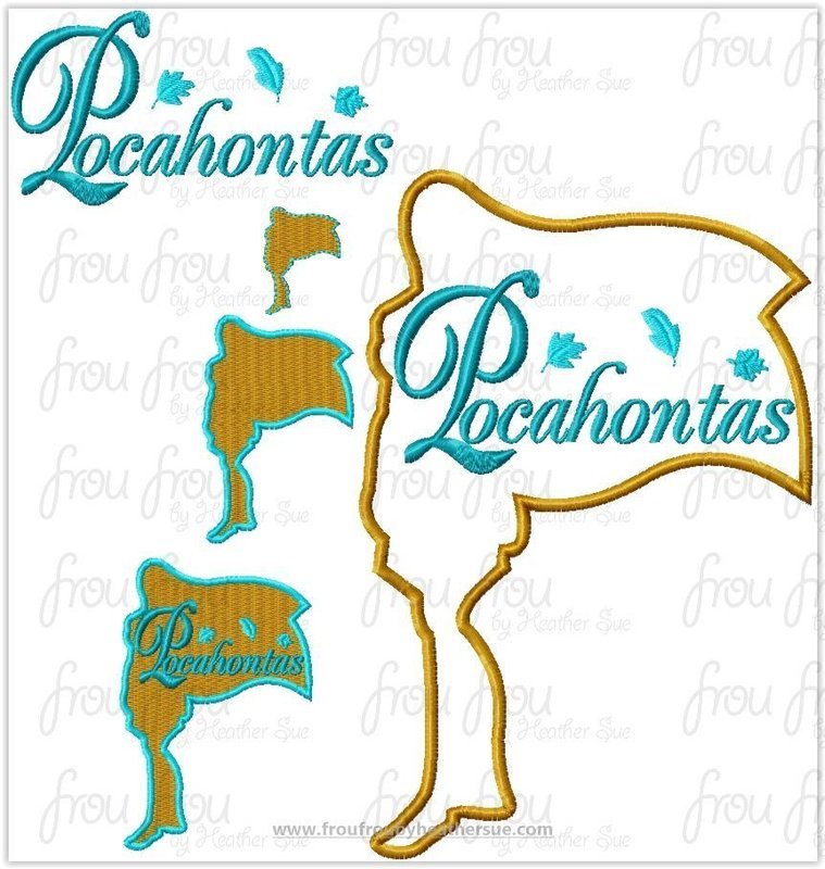 Poke A Hontas Princess Full Body Silhouette and Name TWO Design SET Machine Applique Embroidery Design, Multiple sizes 1.5&quot;-16&quot;