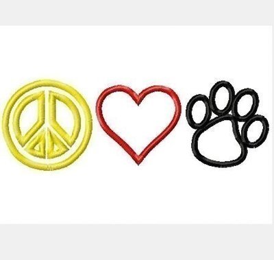 Peace, Love, and Paw Print Machine Applique Embroidery Design, multiple sizes including 4 inch