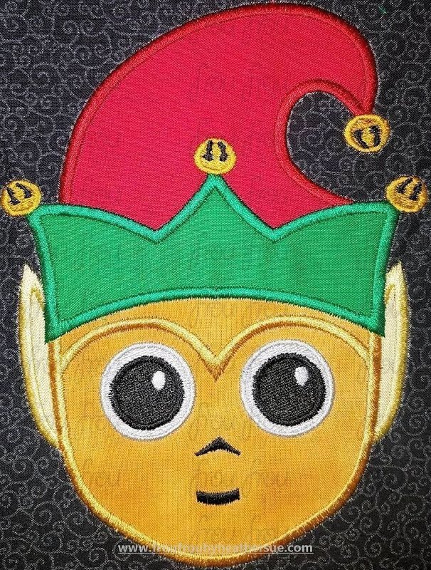 C-3PC Cutie Head with Christmas Elf Hat and Ears Santa Space Wars Machine Applique Embroidery Design, Multiple Sizes 3"-16"