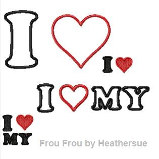 I Heart and I Heart My TWO Machine Applique Embroidery Designs, multiple sizes, including 2, 4, 7, and 10 inch
