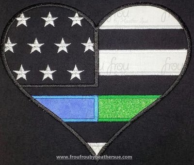 Heart Flag With Split Blue Red Green, etc... Line Police Firefighter, Border Patrol Machine Applique and filled Embroidery Design, Multiple Sizes, including 1