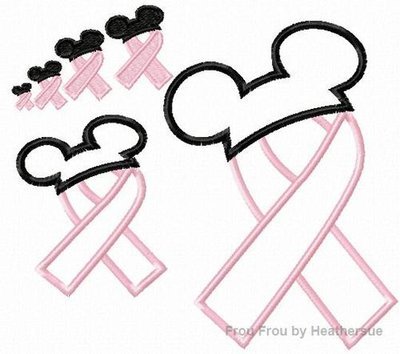 Awareness Ribbon with Mister Mouse Ears Applique and filled Embroidery Designs, mutltiple sizes including half inch, 1, 1.5, 2, 4, 7, and 10 inch