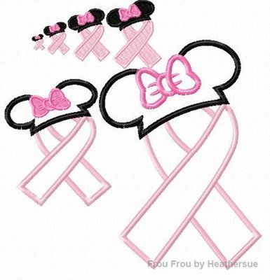 Awareness Ribbon with Miss Mouse Ears Applique and filled Embroidery Designs, mutltiple sizes including half inch, 1, 1.5, 2, 4, 7, and 10 inch