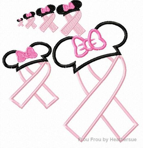 Awareness Ribbon with Miss Mouse Ears Applique and filled  Embroidery Designs, mutltiple sizes including half inch, 1, 1.5, 2, 4, 7, and 10 inch