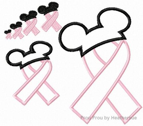 Awareness Ribbon with Mister Mouse Ears Applique and filled  Embroidery Designs, mutltiple sizes including half inch, 1, 1.5, 2, 4, 7, and 10 inch