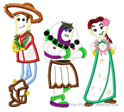 Hawaiian Cowboy, Cowgirl, Space Ranger Toys 3 Design SET Machine Applique Embroidery Design, Multiple sizes