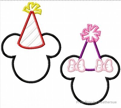 Mister and Miss Mouse Wearing Birthday Party Hats SET Machine Embroidery Applique Design, multiple sizes, including 4 inch