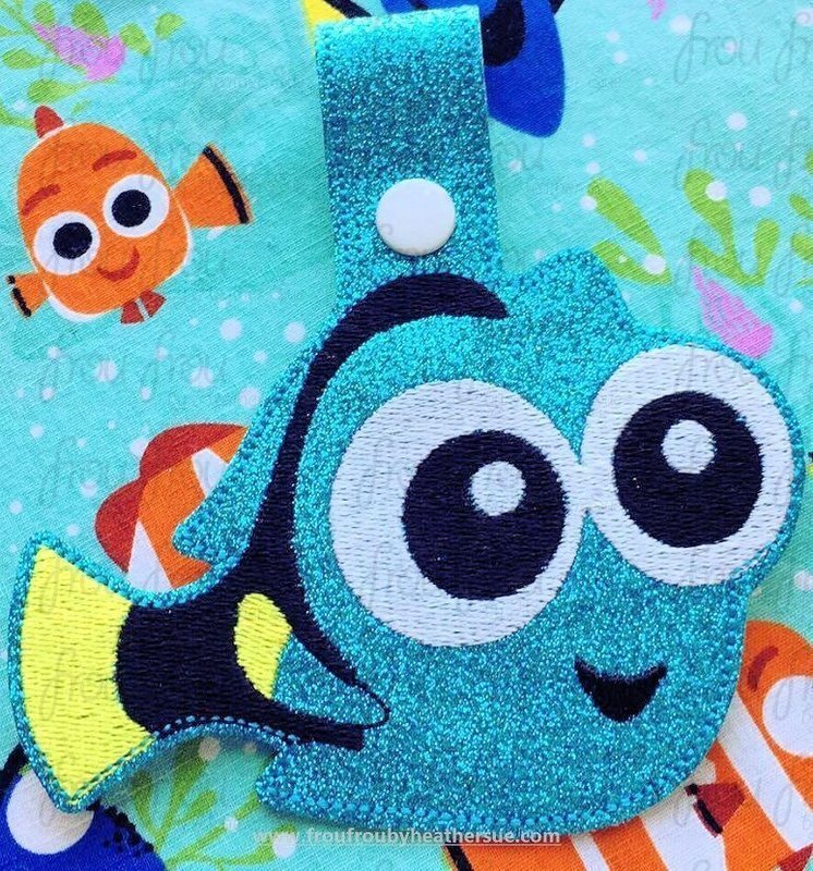 Baby Dorrine Tang Fish Key Fob short and long tab, velcro or snaps, THREE SIZES in the hoop Machine Applique Embroidery Design- 4", 7", and 10"