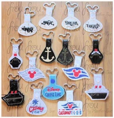 Dis Cruise Line Key Fob ELEVEN Design SET, many versions, short and long tab, velcro or snaps, THREE SIZES in the hoop Machine Applique Embroidery Design- 4&quot;, 7&quot;, and 10&quot;
