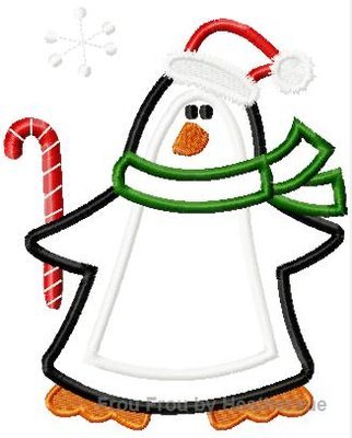 Penguin with candy cane and snowflake Machine Applique Embroidery Design, multiple sizes, including 4 inch