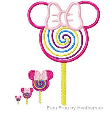 Lollipop Miss Mouse Sucker Machine Applique Embriodery Design, Multiple sizes including half, 1, 2, 3, 4, 7, and 10 inch