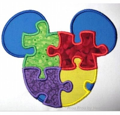Autism Awareness Mister Mouse Head, Machine Applique Embroidery Design, Multiple Sizes, including 1, 2, 4, 5, and 6 inch