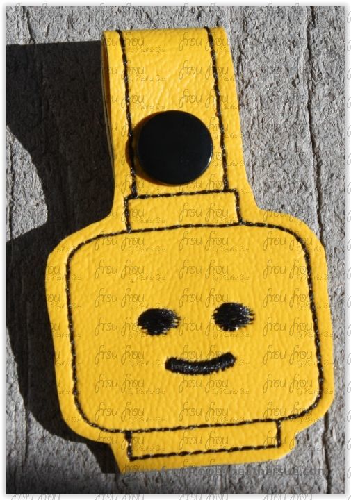 Leego Head Smiling Key Fob, short and long tab, velcro or snaps, THREE SIZES in the hoop Machine Applique Embroidery Design- 4", 7", and 10"