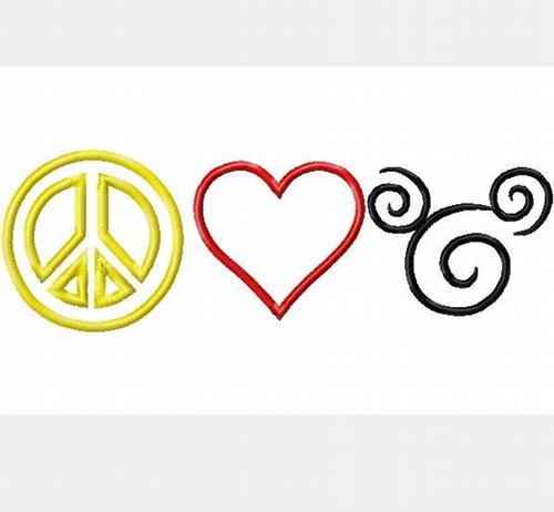Peace, Love, and Spiral Mister Mouse  Machine Applique Embroidery Design, multiple sizes including 4 inch