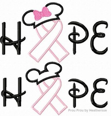 TWO HOPE Awareness Ribbon with Mister and Miss Mouse Ears SET Applique and filled Embroidery Design including 4inch