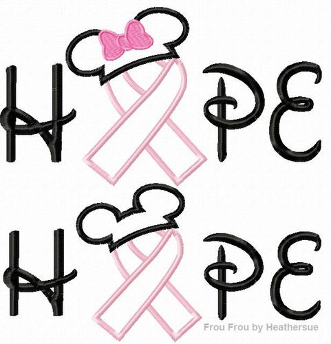 TWO HOPE Awareness Ribbon with Mister and Miss Mouse Ears SET Applique and filled  Embroidery Design including 4inch