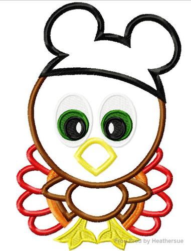 Thanksgiving Turkey with Mister Mouse ears machine applique embroidery design, multiple sizes, including 4 inch